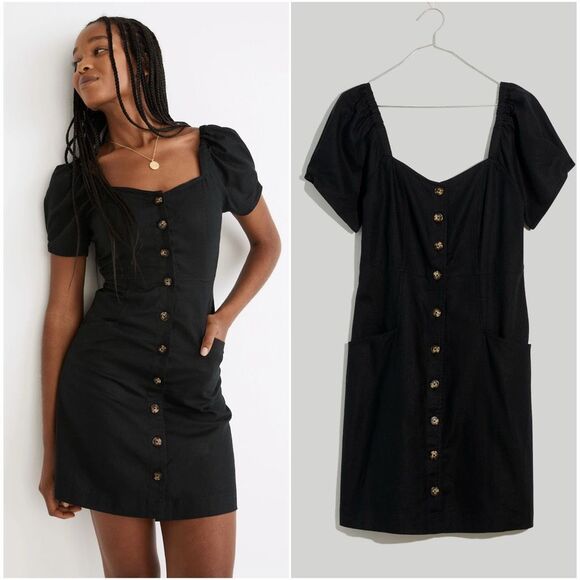 Madewell Dresses & Skirts - Madewell Linen-Cotton Puff-Sleeve Button Down Mini Dress Black Size 12